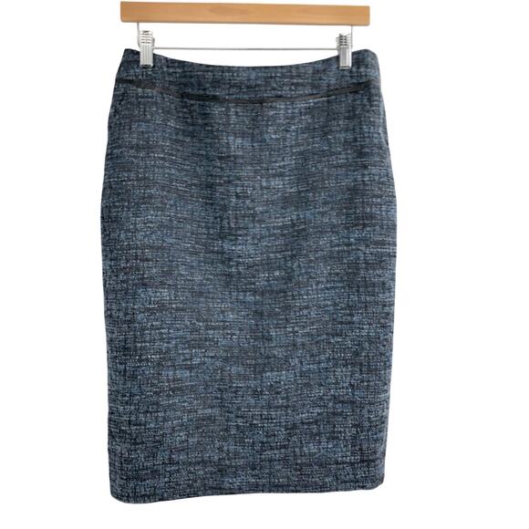 Lafayette 148 New York Blue Tweed Pencil Straight Skirt with Leather Trim - Picture 1 of 10